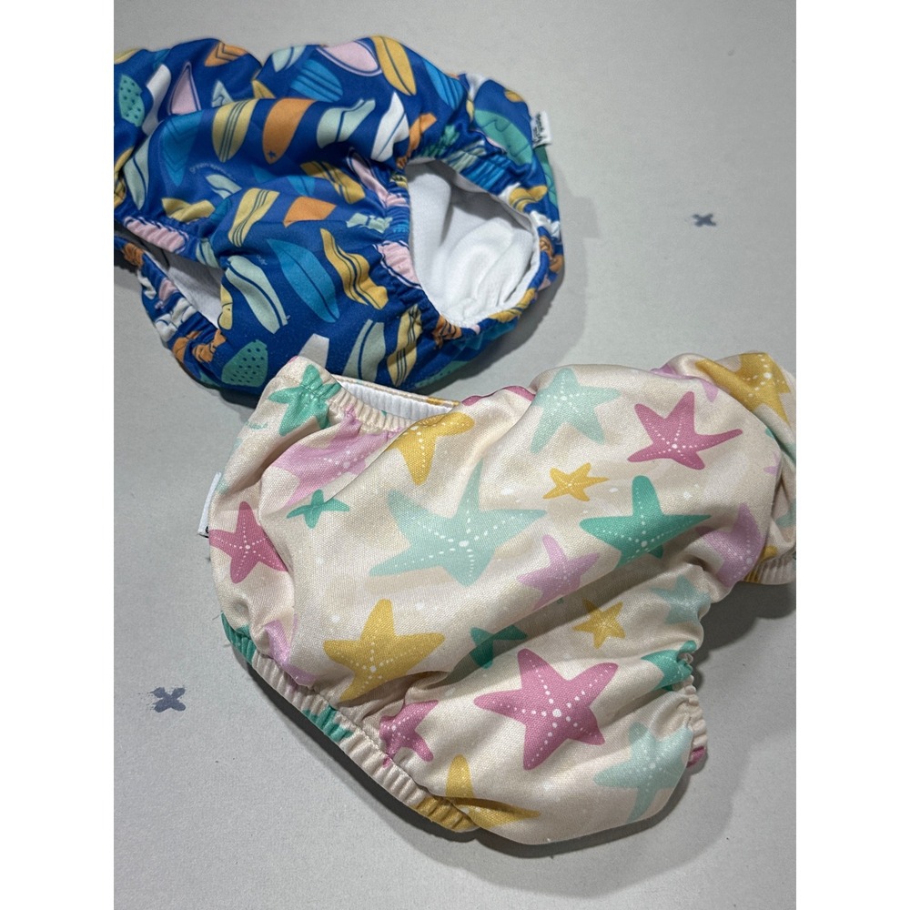 Green Sprouts Reusable Swim Diapers 12 Months Starfish Surfboard 2 Pack Blue Tan